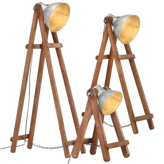 Lampy podłogowe, 3 szt., srebrne, E27, lite drewno mango VMP