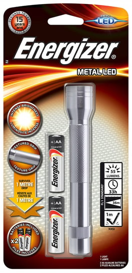 latarka energizer metal + 2szt. baterii aa, srebrna Energizer