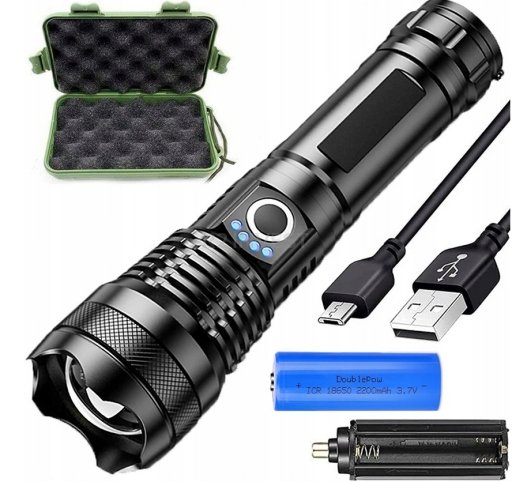 Latarka Taktyczna MOCNA 5000LM Wojskowa LED Akumulatorowa USB ZOOM + Etui R2 Invest