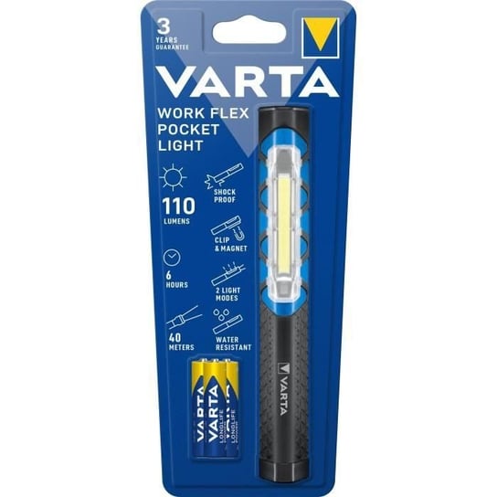 Latarka-VARTA-Work Flex Pocket Light-110lm-Kompaktowa-Wysoka wydajność LED-IPX4-magnetyczny klips kieszonkowy-3 baterie AAA w zestawie Inna marka