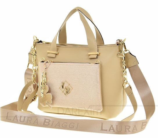 Laura Biaggi torebka klasyczna beżowo-złota z brelokiem Laura Biaggi
