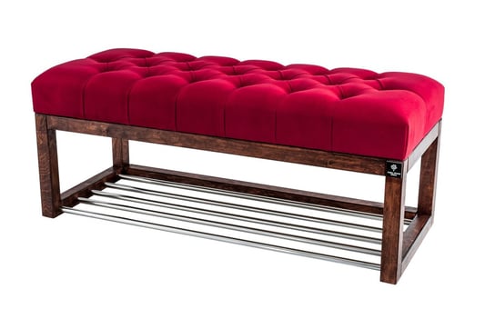 Ławka na buty 90cm EMRAWOOD drewno lite kolor orzech siedzisko pikowane kolor czerwony Emra Wood Design
