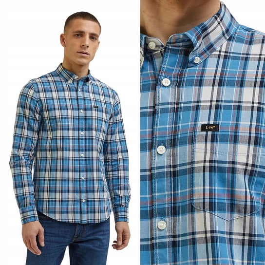 Lee BUTTON DOWN Ecru BŁĘKITNA KOSZULA W KRATĘ REGULAR FIT S LEE