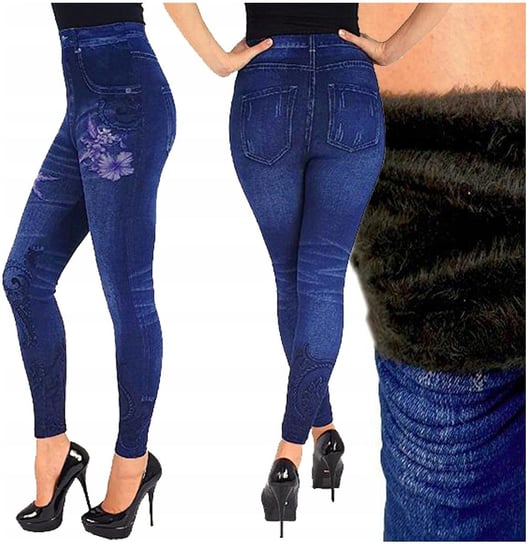 Legginsy Imitacja Jeans Ocieplane Futrem Leginsy Spodnie Damskie Modny Wzór Dajmo