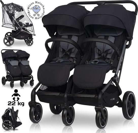 LEKKI WÓZEK BLIŹNIACZY EASYGO ECHO EBONY BLACK + FOLIA + DODATKI DO 47KG EasyGo