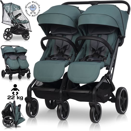 LEKKI WÓZEK BLIŹNIACZY EASYGO ECHO SAGE GREEN + FOLIA + DODATKI DO 47KG EasyGo