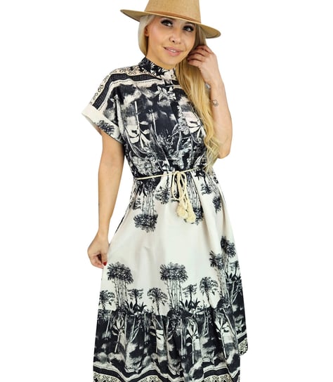 Letnia sukienka MIDI safari print ze stójką i paskiem NEL Agrafka