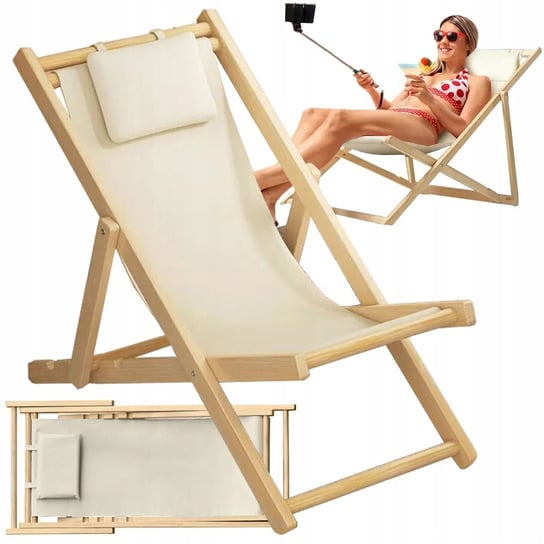 Leżak Drewniany Leżaki Plażowy Składany Ogrodowy Poduszka Fotel Na Plażę VERK GROUP