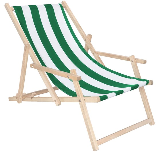 Leżak drewniany z podłokietnikami ogrodowy, plażowy zielono-białe pasy Springos