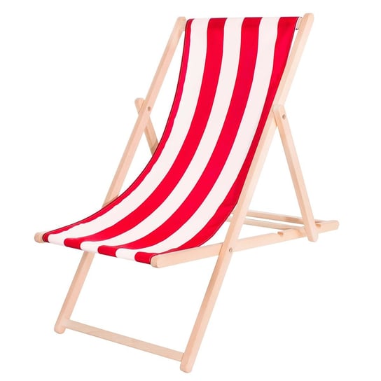 Leżak plażowy składany, drewniany z czerwono-białym materiałem Springos