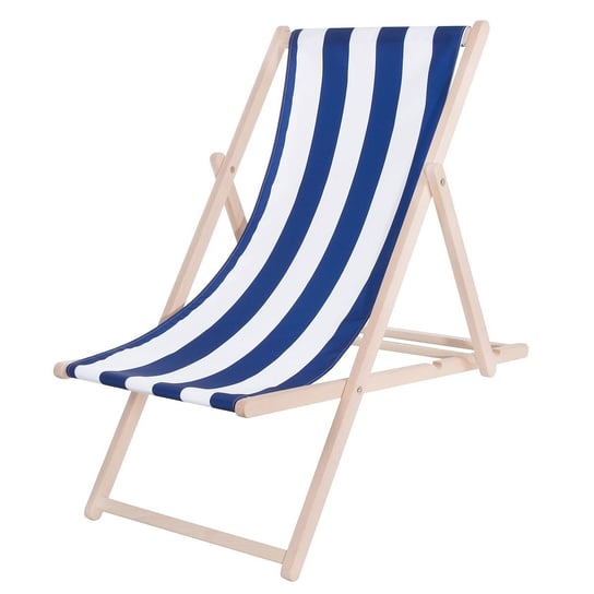 Leżak plażowy składany, drewniany z materiałem w biało-niebieskie pasy Springos