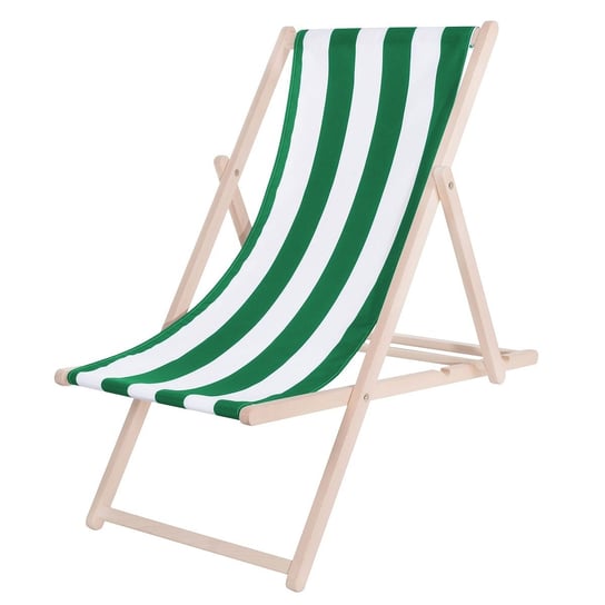 Leżak plażowy składany, drewniany z materiałem w biało-zielone pasy Springos