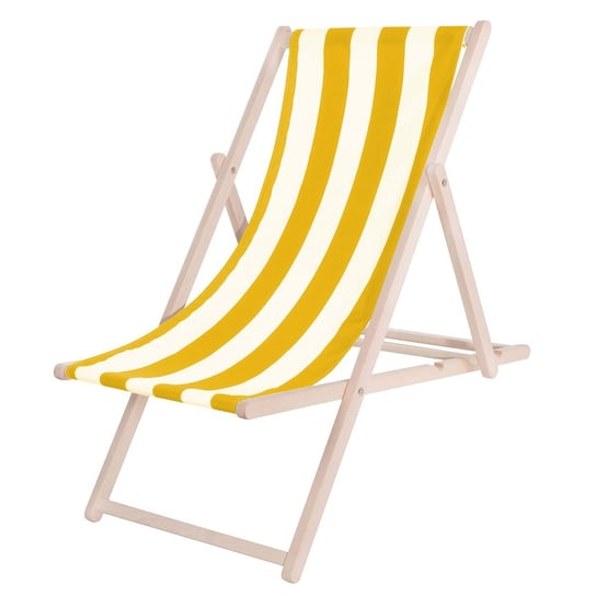 Leżak plażowy składany, drewniany z materiałem w biało-żółte pasy Springos