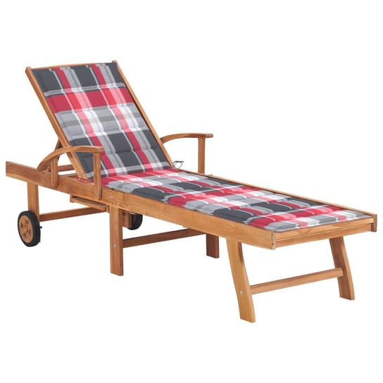 Leżak z poduszką w czerwoną kratę, lite drewno tekowe vidaXL