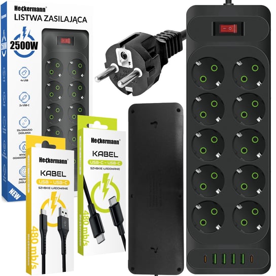 Listwa Zasilająca Z Ładowarką Usb, Usb-C Heckermann F35U + Kabel Usb A-C Ad-609Cts + Kabel Usb C-C 610Cc Heckermann