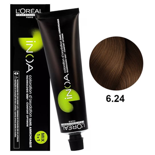 Loreal Inoa 6.24, Bezamoniakowa trwała farba do włosów - kolor 6.24 ciemny blond miedziano-opalizujący, 60 g L'Oréal Professionnel