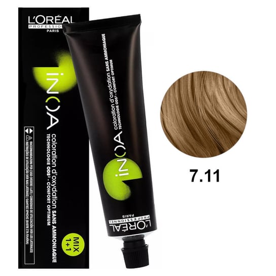 Loreal Inoa 7.11, Bezamoniakowa trwała farba do włosów - kolor 7.11 blond popielaty intensywny, 60 g L'Oréal Professionnel