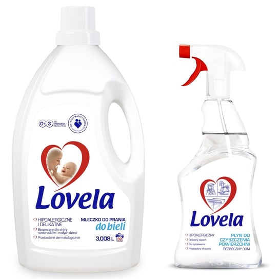 Lovela, Hipoalergiczne mleczko do prania dla dzieci do bieli 3,008 l + Hipoalergiczny płyn do czyszczenia powierzchni 500 ml LOVELA