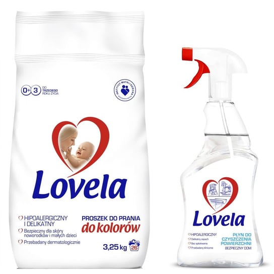 Lovela, Hipoalergiczny proszek do prania do kolorów 3,25 kg + Hipoalergiczny płyn do czyszczenia powierzchni 500 ml LOVELA