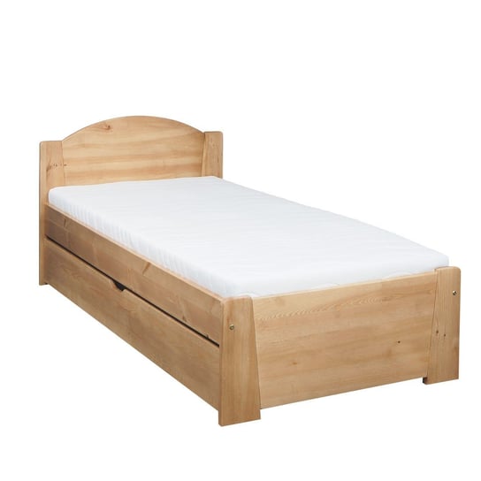Łóżko 90x200 drewniane z szufladą tył obniżony MIKI, kolor dębowy + stelaż i materac Meble Doktór