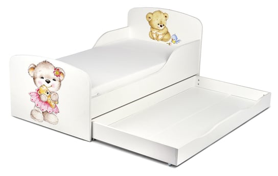 Łóżko białe, drewniane, misie, dla dzieci, z materacem i szufladą, 140x70 cm Krakpol