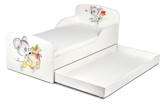 Łóżko białe, drewniane, myszki, dla dzieci, z materacem i szufladą, 140x70 cm Krakpol