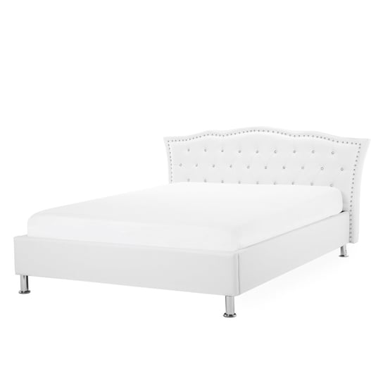 Łóżko białe, tapicerowane, z zagłówkiem, 160x200 Beliani