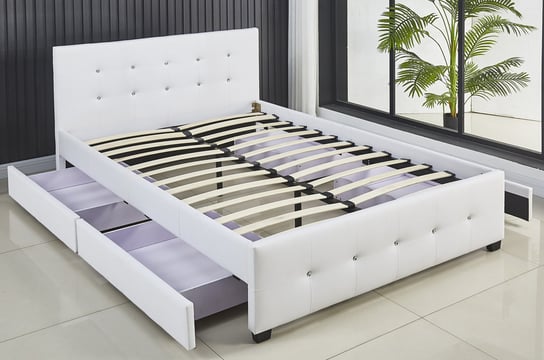 Łóżko białe, z ekoskóry, z wysuwanymi szufladami na pościel 160x200cm MebloweLove