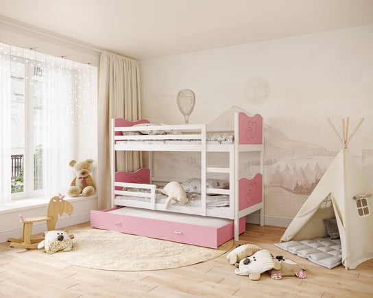 Łóżko biało-różowe, Max, piętrowe, z materacem, 80x190 SpokojneSny