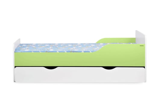 Łóżko biało-zielone, z szufladą, z materacem 164x55x84 Konsimo