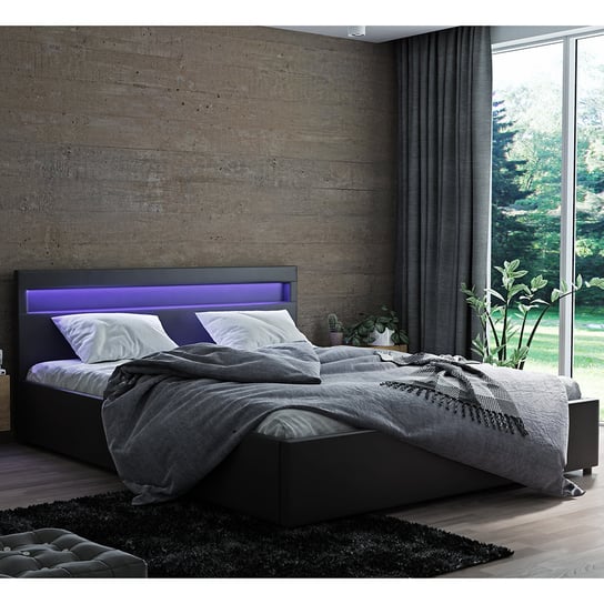 Łóżko do sypialni tapicerowane NIRA LED 140x200, Czarne, pojemnik i stelaż JANA