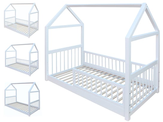 Łóżko Domek Dla Dziecka 140X70 Sosnowe Białe Ze Stelażem I Barierkami Inna marka