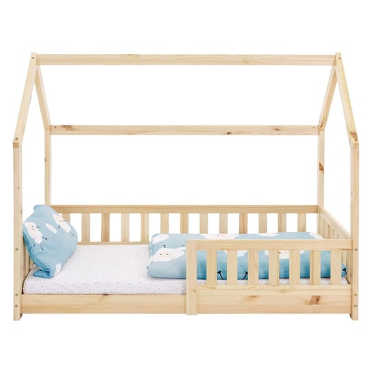 Łóżko dziecięce z listwami zabezpieczającymi przed upadkiem i daszkiem 80x160 cm naturalne drewno sosnowe ML-Design ML-DESIGN