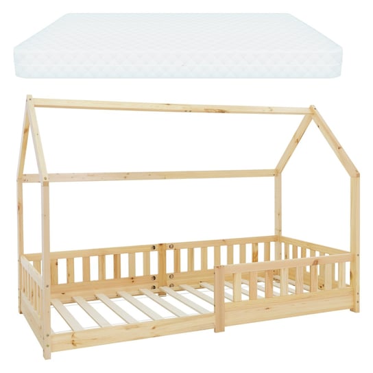Łóżko dziecięce z ramą z listew chroniących przed upadkiem i dachem z materacem 90x200 cm naturalne drewno sosnowe ML-Design ML-DESIGN