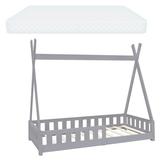 Łóżko dziecięce z zabezpieczeniem przed upadkiem i ramą z listew wraz z materacem 80x160 cm jasnoszare z drewna sosnowego ML-Design ML-DESIGN