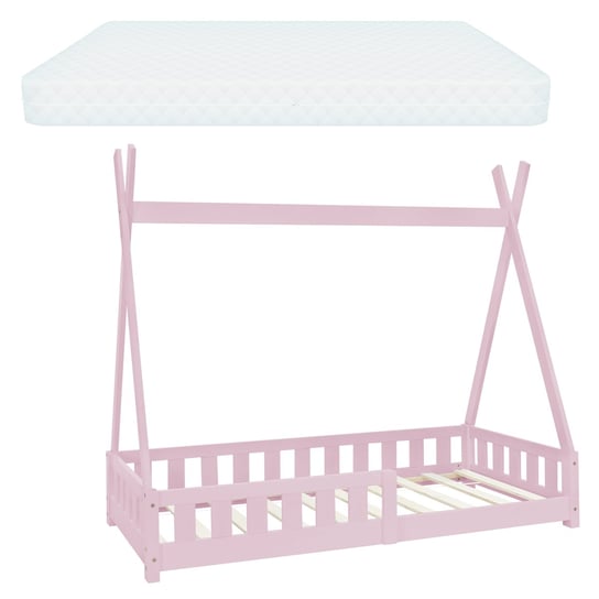Łóżko dziecięce z zabezpieczeniem przed upadkiem i ramą z listew wraz z materacem 80x160 cm różowe z drewna sosnowego ML-Design ML-DESIGN