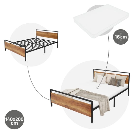 Łóżko metalowe Rama łóżka + materac Łóżko Oeko-Tex Rama z listew stalowych Czarna 140x200 cm ML-DESIGN