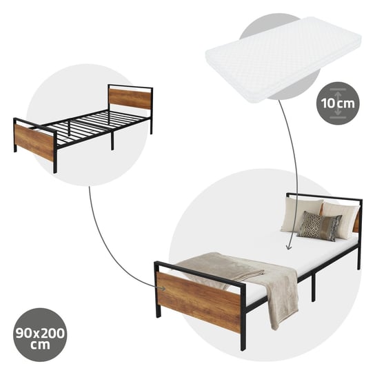 Łóżko metalowe Rama łóżka + materac Łóżko Oeko-Tex Stelaż stalowy czarny 90x200 cm ML-DESIGN