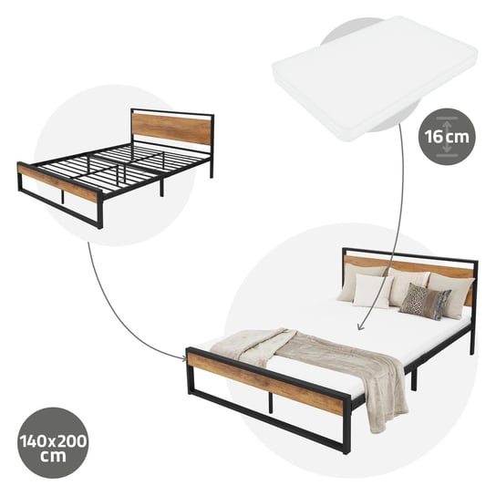 Łóżko metalowe Rama łóżka + materac Łóżko stalowe Oeko-Tex Rama z listew Czarna 140x200 cm ML-DESIGN