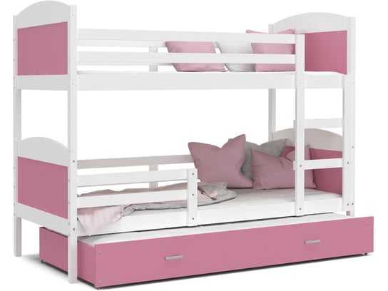 Łóżko piętrowe 190x80 białe różowe MATEUSZ 3-osobowe SpokojneSny