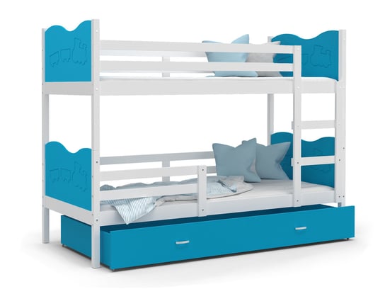 Łóżko piętrowe 200x90 białe błękit + materace MAX SpokojneSny