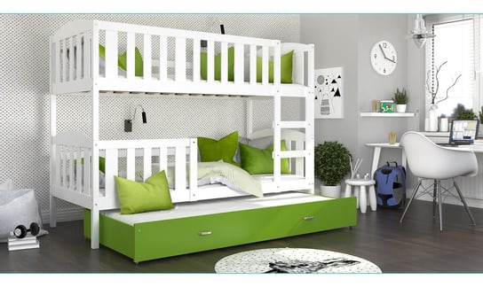 Łóżko piętrowe 200x90 białe zieleń KUBUŚ 3-osobowe SpokojneSny
