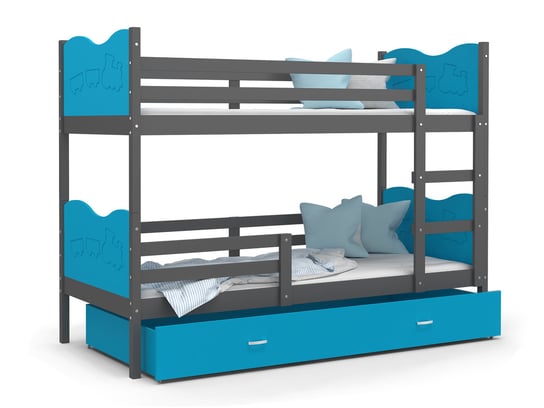 Łóżko piętrowe 200x90 szare błękit + materace MAX SpokojneSny