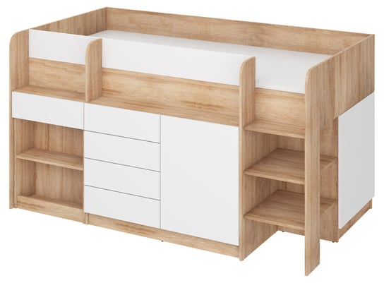Łóżko z biurkiem, antresola, dąb sonoma biały, Smile, Prawe BIM Furniture