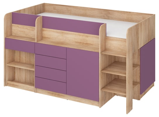 Łóżko z biurkiem, antresola, dąb sonoma, fiolet, Smile, Prawe BIM Furniture