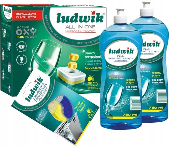 LUDWIK Tabletki Ultimate x 50 Nabłyszczacz 2x750ml + Odświeżacz do Zmywarki Ludwik