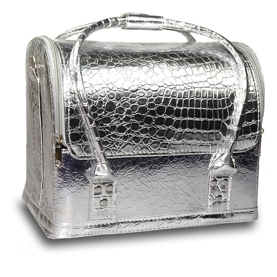 Luksusowa torba kosmetyczna L srebrny skóra węża eko skóra kufer kuferek AlleBeauty
