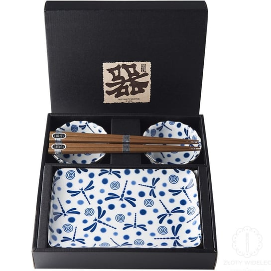 Made in Japan Blue Dragonfly zestaw do sushi 2 miseczki pałeczki talerze. MIJ Made in Japan