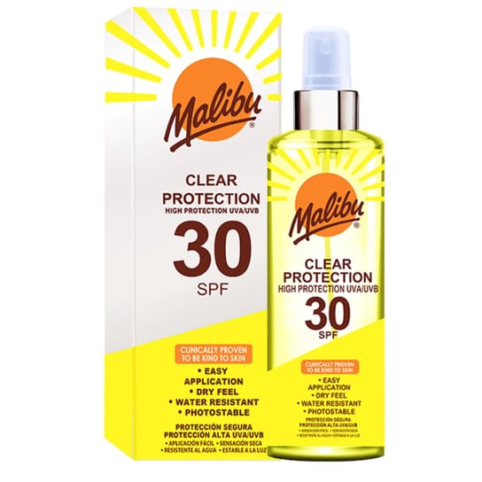 Malibu, Clear Protection, Bezbarwny Spray Ochronny, SPF30, 250ml Malibu