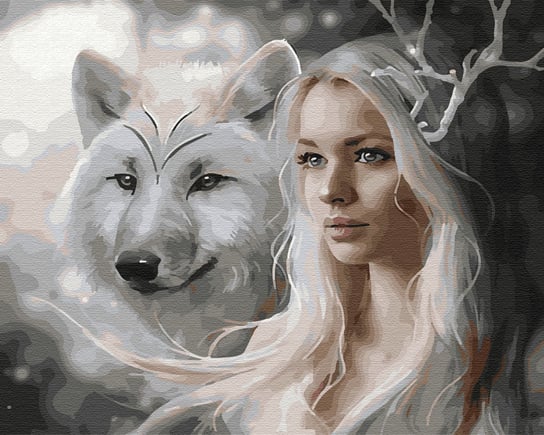 Malowanie po numerach, 40x50 cm - Czarodziejka i biały wilk Varmacon